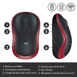 Souris - Sans fil - Logitech - M185 - Rouge - Ambidextre