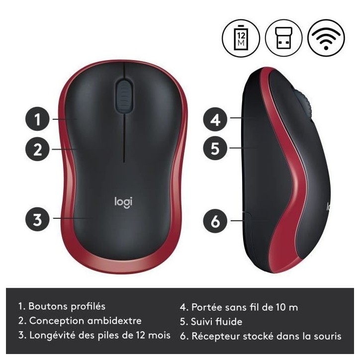 Souris - Sans fil - Logitech - M185 - Rouge - Ambidextre
