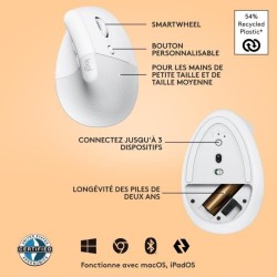 Souris - Sans Fil - Logitech - Lift Ergonomique Verticale - Blanc - Dr