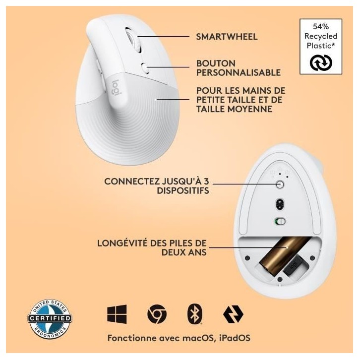 Souris - Sans Fil - Logitech - Lift Ergonomique Verticale - Blanc - Droitier Souris - Sans Fil - Logitech - Lift Ergonomique Verticale - Blanc - Droitier