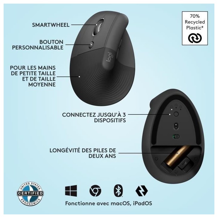 Souris - Sans Fil - Logitech - Lift Ergonomique Verticale - Graphite - Gaucher Souris - Sans Fil - Logitech - Lift Ergonomique Verticale - Graphite - Gaucher