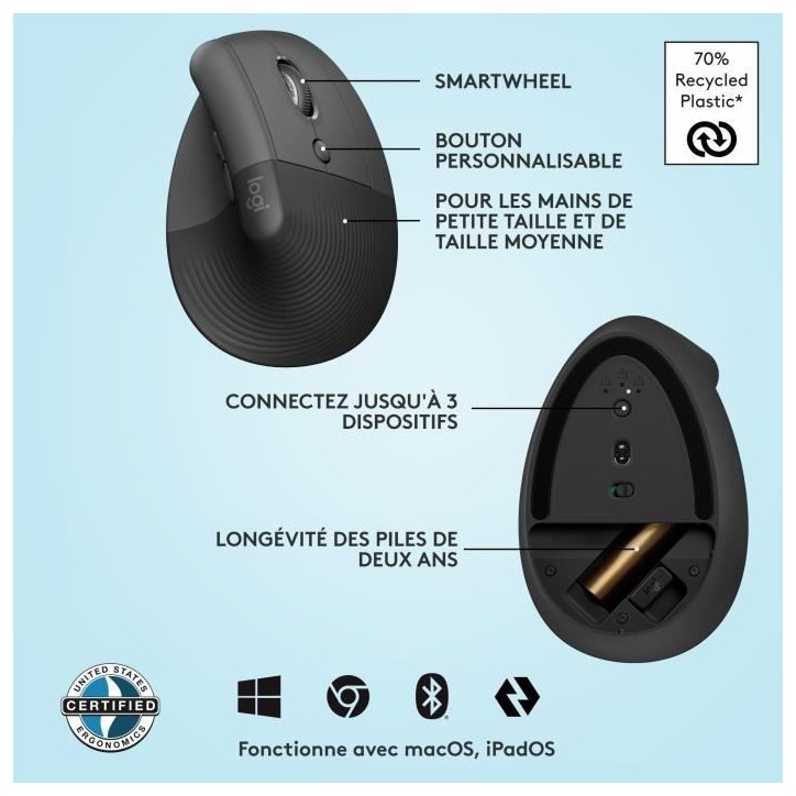 Souris - Sans Fil - Logitech - Lift Ergonomique Verticale - Graphite - Droitier Souris - Sans Fil - Logitech - Lift Ergonomique Verticale - Graphite - Droitier
