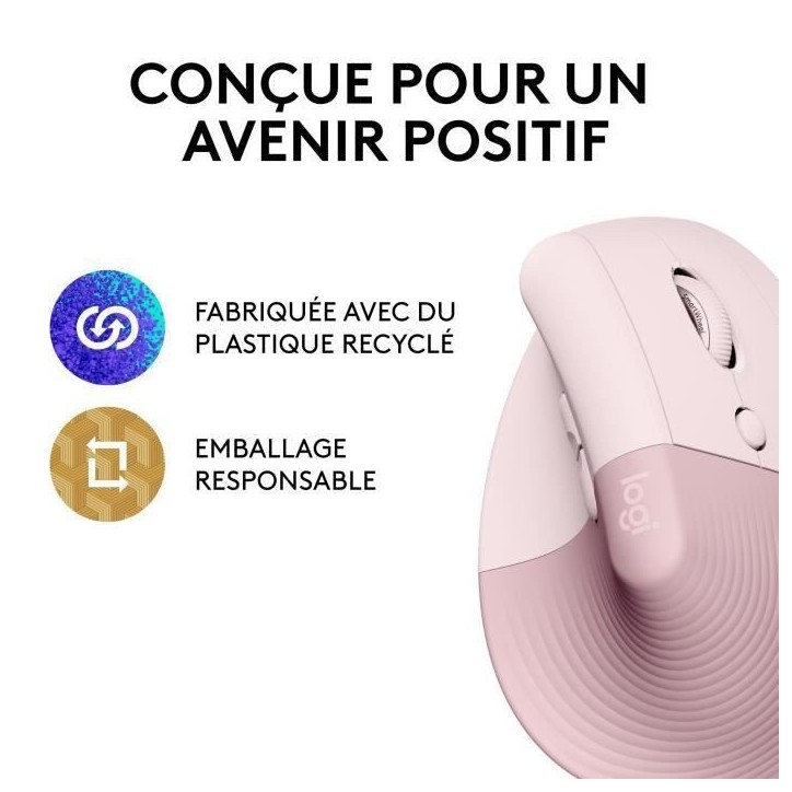 Souris - Sans Fil - Logitech - Lift Ergonomique Verticale - Rose - Droitier