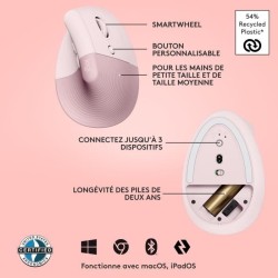 Souris - Sans Fil - Logitech - Lift Ergonomique Verticale - Rose - Dro