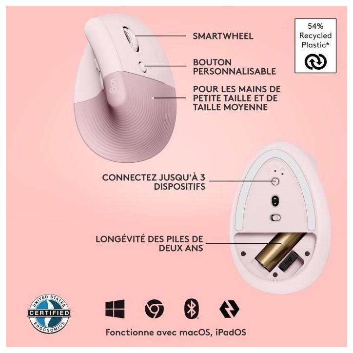 Souris - Sans Fil - Logitech - Lift Ergonomique Verticale - Rose - Droitier