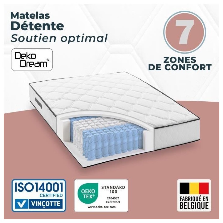 Matelas 140 x 190 cm - Hauteur 24 cm - 580 ressorts ensachés - 7 zones - Equilibré - réversible - fabriqué en Belgique - DEK Matelas 140 x 190 cm - Hauteur 24 cm - 580 ressorts ensachés - 7 zones - Equilibré - réversible - fabriqué en Belgique - DEK