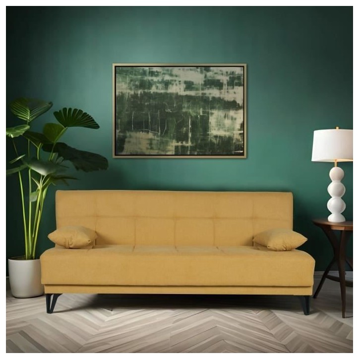 Banquette convertible 3 places - LIMRA - Tissu moutarde - 2 coussins - 190 x 87 x 87 cm Banquette convertible 3 places - LIMRA - Tissu moutarde - 2 coussins - 190 x 87 x 87 cm