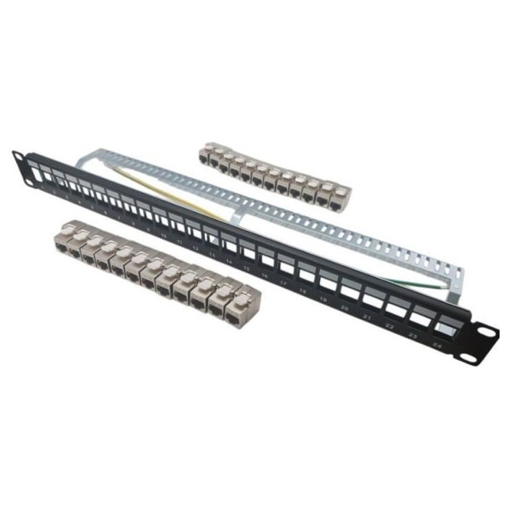 Panneau de brassage 24 ports + 24 noyaux keystone RJ45 Cat.6a - LINEAIRE - KIT5024AS - Courts - Blindés Panneau de brassage 24 ports + 24 noyaux keystone RJ45 Cat.6a - LINEAIRE - KIT5024AS - Courts - Blindés