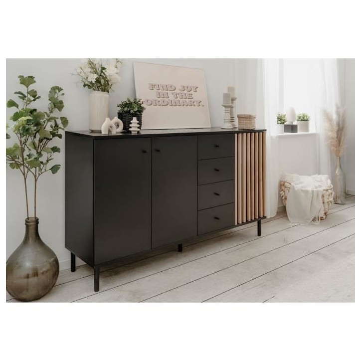 Buffet - MONZA - Décor noir / chene artisan - 3 portes - 4 tiroirs - 160 x 90 x 40 cm Buffet - MONZA - Décor noir / chene artisan - 3 portes - 4 tiroirs - 160 x 90 x 40 cm