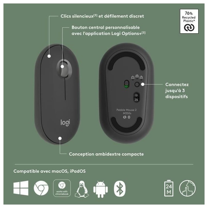 Souris - Sans fil - Logitech - Pebble Mouse 2 M350s - Graphite