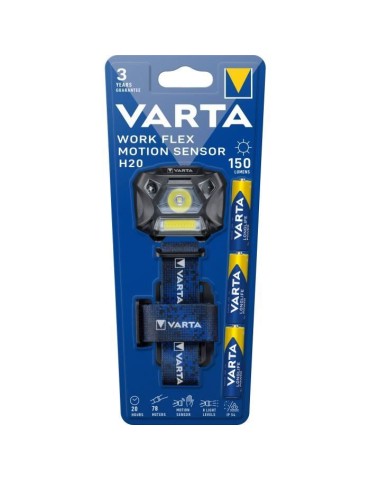 Frontale-VARTA-Work Flex Motion Sensor H20-150lm-Allumage mains libres-8 niveaux d'éclairage-IP54-3 Piles AAA incluses