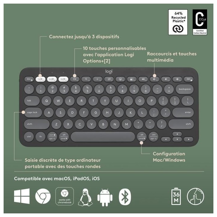 Clavier - Sans fil - Logitech - Pebble Keys 2 K380s - Bouton Easy-switch - Graphite Clavier - Sans fil - Logitech - Pebble Keys 2 K380s - Bouton Easy-switch - Graphite
