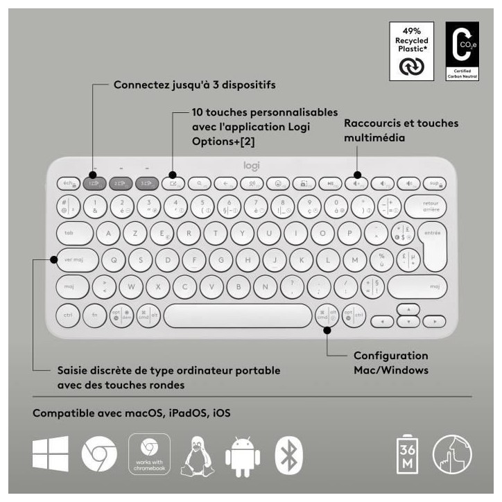 Clavier - Sans fil - Logitech - Pebble Keys 2 K380s - Bouton Easy-switch - Blanc Clavier - Sans fil - Logitech - Pebble Keys 2 K380s - Bouton Easy-switch - Blanc