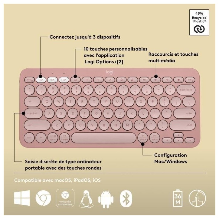 Clavier - Sans fil - Logitech - Pebble Keys 2 K380s - Bouton Easy-switch - Rose Clavier - Sans fil - Logitech - Pebble Keys 2 K380s - Bouton Easy-switch - Rose
