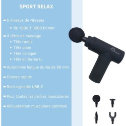 Pistolet massant - LITTLE BALANCE - Sport Relax - 6 vitesses - 4 tetes