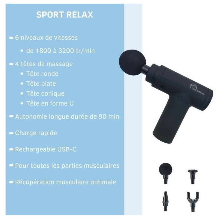 Pistolet massant - LITTLE BALANCE - Sport Relax - 6 vitesses - 4 tetes - Noir Pistolet massant - LITTLE BALANCE - Sport Relax - 6 vitesses - 4 tetes - Noir