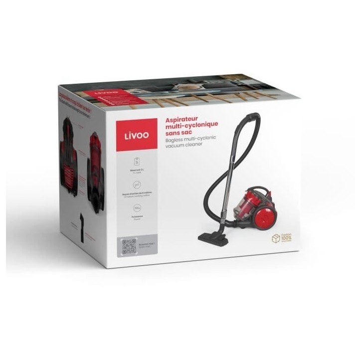 Aspirateur Multi-cyclonique sans sac - LIVOO - DOH136R - 700 W - 16 kPa - 78 dB - 3 L - Filtre lavable - Rouge / Gris Aspirateur Multi-cyclonique sans sac - LIVOO - DOH136R - 700 W - 16 kPa - 78 dB - 3 L - Filtre lavable - Rouge / Gris