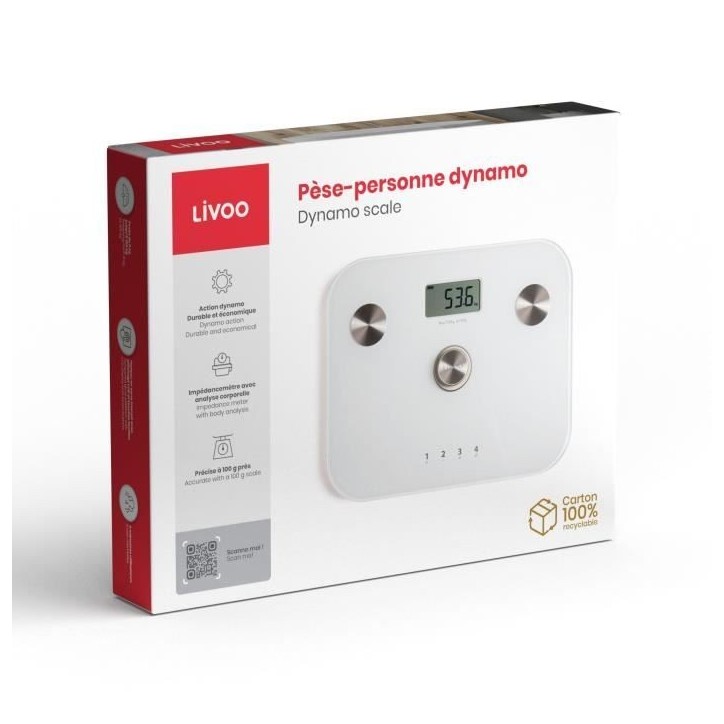 Pese-personne impédancemetre dynamo - LIVOO - DOM465W - Sans pile - 6 indicateurs - Max 150 kg - 4 profils - LCD - Blanc Pese-personne impédancemetre dynamo - LIVOO - DOM465W - Sans pile - 6 indicateurs - Max 150 kg - 4 profils - LCD - Blanc