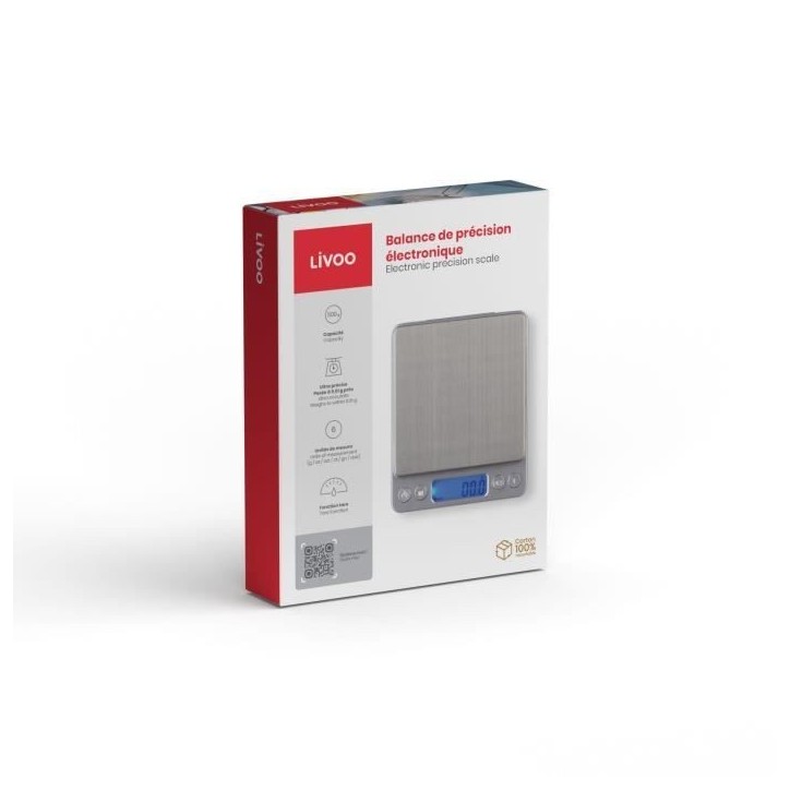 Balance de précision électronique - LIVOO - DOM474 - Plateau acier inoxydable - Max. 500g - 6 unités de mesure - Ecran LCD Balance de précision électronique - LIVOO - DOM474 - Plateau acier inoxydable - Max. 500g - 6 unités de mesure - Ecran LCD