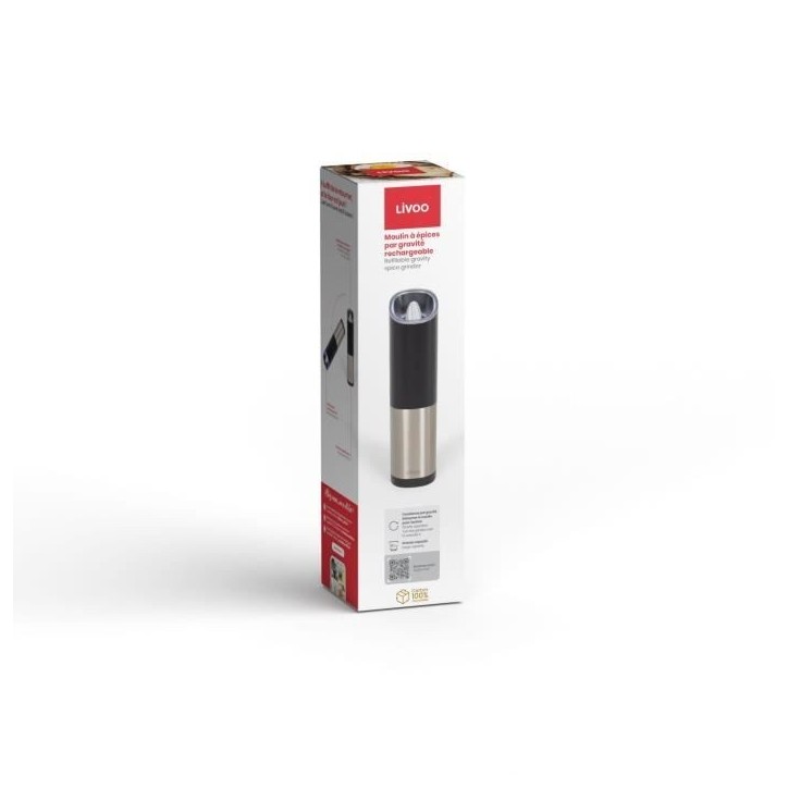Moulin a épices - LIVOO - GS161 - 80 ml - Moulure réglable - LED bleue - Par gravité rechargeable