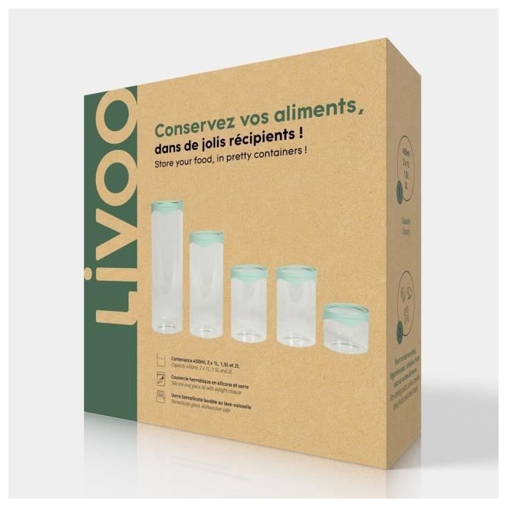 Set de 5 bocaux de conservation - LIVOO - MEN399 - 450 ml - Verre borosciliate - Couvercle en silicone et verre Set de 5 bocaux de conservation - LIVOO - MEN399 - 450 ml - Verre borosciliate - Couvercle en silicone et verre