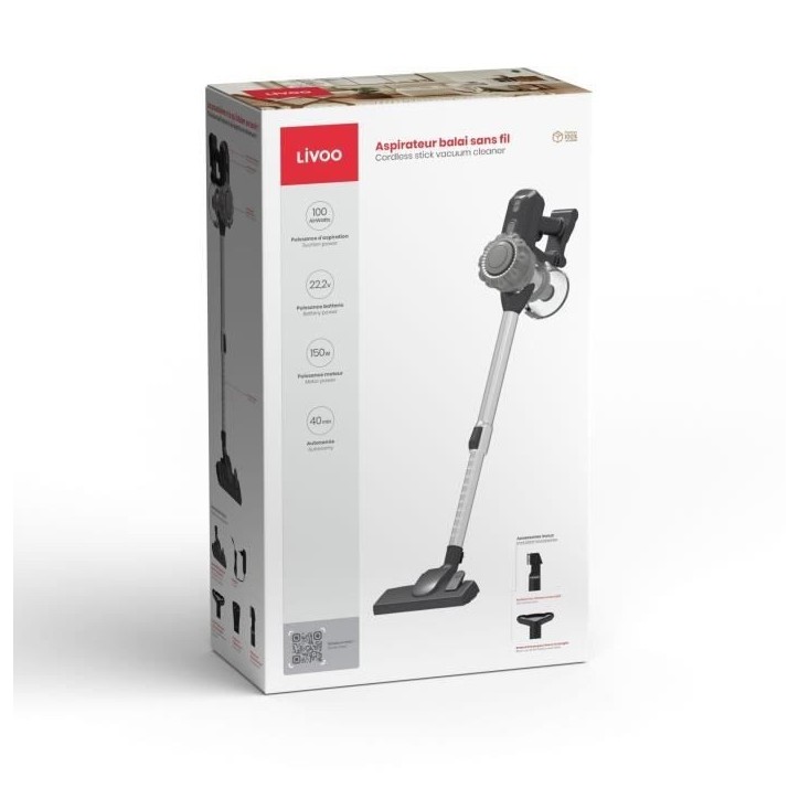 Aspirateur Balai sans fil - LIVOO DOH141 - 150 W - 10 KPa - 76 dB - Cyclonique - 2 vitesses - 0,55 L - Gris Aspirateur Balai sans fil - LIVOO DOH141 - 150 W - 10 KPa - 76 dB - Cyclonique - 2 vitesses - 0,55 L - Gris