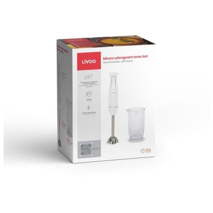 Mixeur plongeant avec bol - LIVOO - DOP245W - 400 W - 2 vitesses - Blanc Mixeur plongeant avec bol - LIVOO - DOP245W - 400 W - 2 vitesses - Blanc