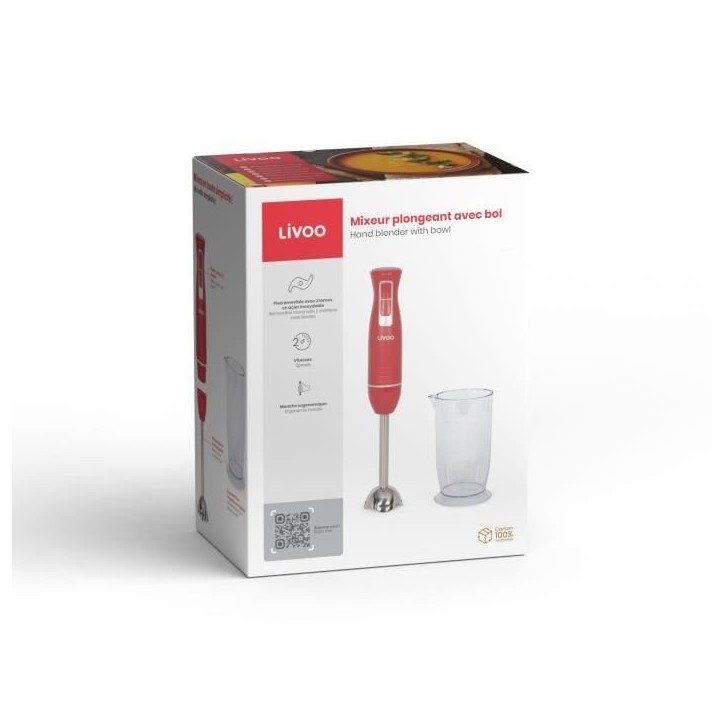 Mixeur plongeant - LIVOO - DOP245R - 400W - 2 vitesses - Bol gradué 700 ml - 2 lames en acier inoxydable Mixeur plongeant - LIVOO - DOP245R - 400W - 2 vitesses - Bol gradué 700 ml - 2 lames en acier inoxydable
