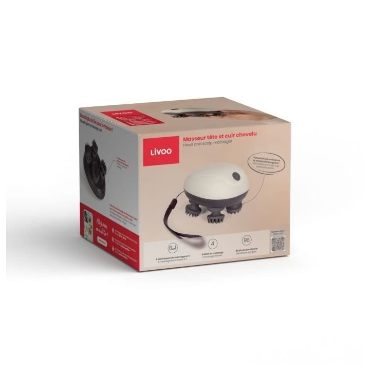 Masseur tete et cuir chevelu - LIVOO - DOS202 - 2 h - 96 picots - 4 tetes - 3 modes - IPX4 - Creme / Gris foncé Masseur tete et cuir chevelu - LIVOO - DOS202 - 2 h - 96 picots - 4 tetes - 3 modes - IPX4 - Creme / Gris foncé