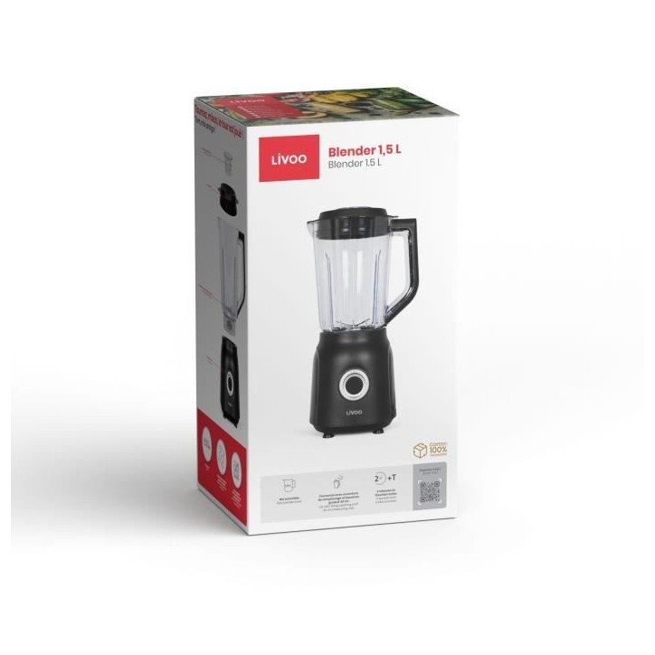 Blender - LIVOO - 1,5 L - 600 W - 22 000 tours/min - 2 vitesses - Noir