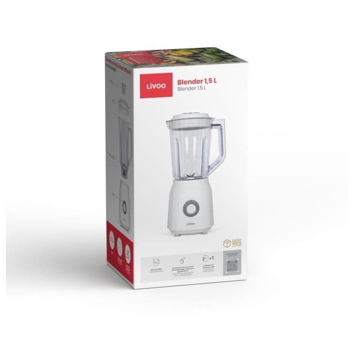 Blender - LIVOO - 1,5 L - 600 W - 22 000 tours/min - 2 vitesses - Turbo blanc Blender - LIVOO - 1,5 L - 600 W - 22 000 tours/min - 2 vitesses - Turbo blanc