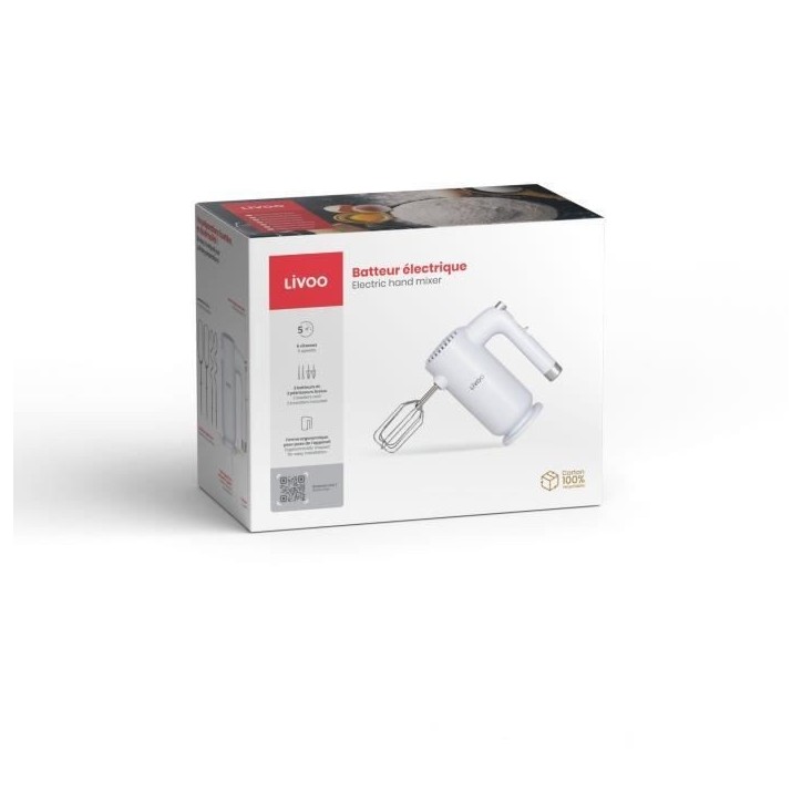 Batteur électrique - LIVOO - 250 W - 5 vitesses - Fonction turbo - Blanc Batteur électrique - LIVOO - 250 W - 5 vitesses - Fonction turbo - Blanc