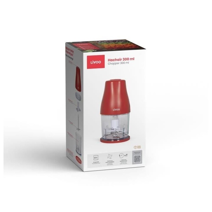 Hachoir - LIVOO - DOP244R - 400W - 1 vitesse et turbo - Bol gradué 300 ml - 2 lames acier inoxydable Hachoir - LIVOO - DOP244R - 400W - 1 vitesse et turbo - Bol gradué 300 ml - 2 lames acier inoxydable