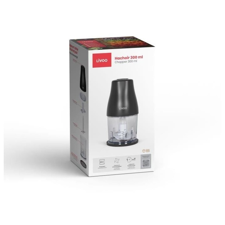 Hachoir - LIVOO - 300 ml - 400 W - 1 vitesse et fonction turbo - 2 lames en inox - Noir Hachoir - LIVOO - 300 ml - 400 W - 1 vitesse et fonction turbo - 2 lames en inox - Noir