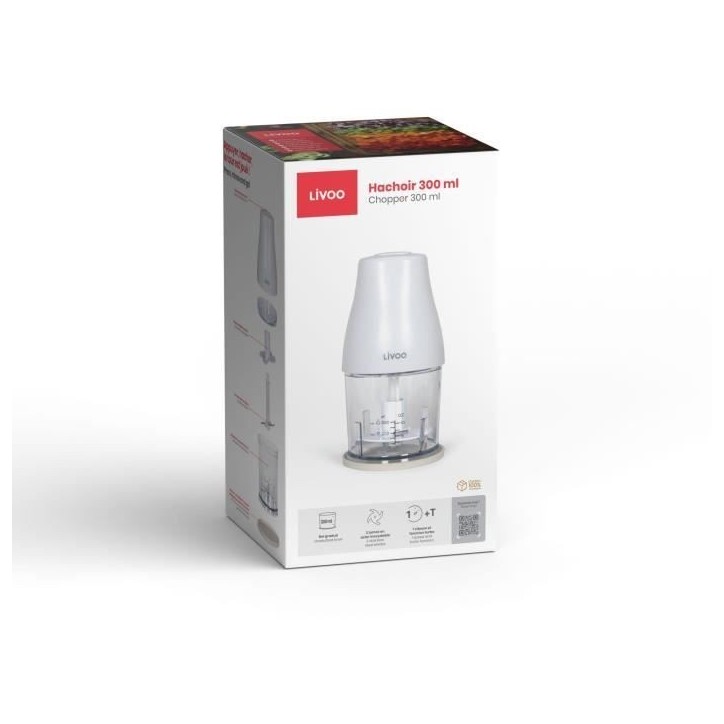 Hachoir - LIVOO - 300 ml - 400 W - 1 vitesse et fonction turbo - 2 lames en inox - Blanc Hachoir - LIVOO - 300 ml - 400 W - 1 vitesse et fonction turbo - 2 lames en inox - Blanc