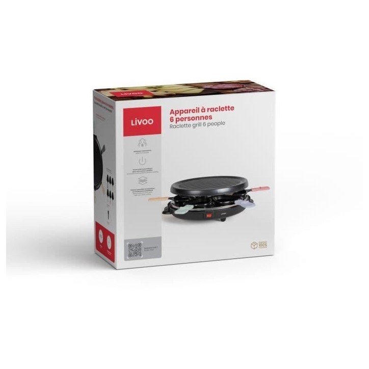 Appareil a raclette 6 personnes - LIVOO - DOC207P - 800W - 6 personnes - Porte grill amovible - 6 spatules et 6 caquelons Appareil a raclette 6 personnes - LIVOO - DOC207P - 800W - 6 personnes - Porte grill amovible - 6 spatules et 6 caquelons