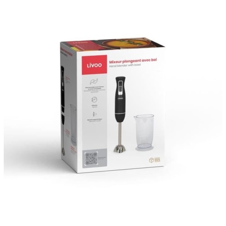 Mixeur plongeant avec bol - LIVOO - DOP245N - 400 W - 2 vitesses - Noir Mixeur plongeant avec bol - LIVOO - DOP245N - 400 W - 2 vitesses - Noir