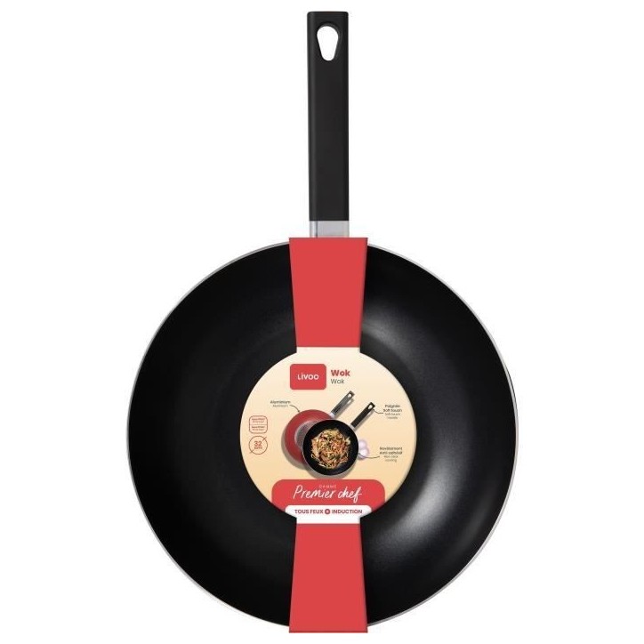 Wok - LIVOO - MEP156R - 32 cm - Antiadhésif sans PFOA ni PFOS - Manche silicone - Tous feux dont induction Wok - LIVOO - MEP156R - 32 cm - Antiadhésif sans PFOA ni PFOS - Manche silicone - Tous feux dont induction