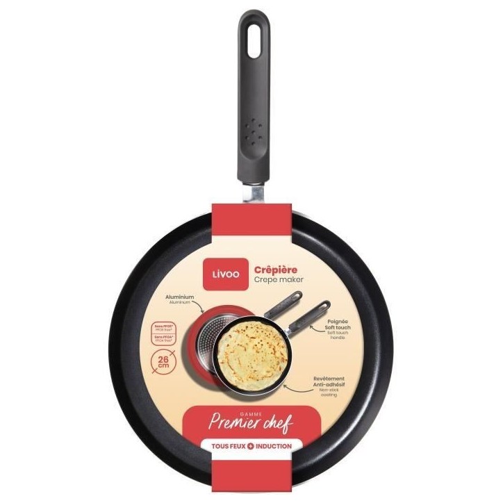 Premier Chef - Crepiere 26 cm - LIVOO - MEP149 - Antiadhésif sans PFOA ni PFOS - Manche silicone - Tous feux dont induction Premier Chef - Crepiere 26 cm - LIVOO - MEP149 - Antiadhésif sans PFOA ni PFOS - Manche silicone - Tous feux dont induction