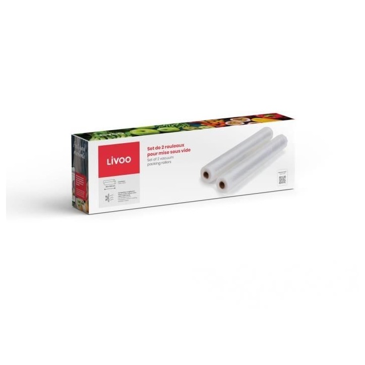 Set de 2 rouleaux universels pour mise sous vide - LIVOO - DOM505 - 2 rouleaux - 28 cm x 3 m - Compatibles machines universelles Set de 2 rouleaux universels pour mise sous vide - LIVOO - DOM505 - 2 rouleaux - 28 cm x 3 m - Compatibles machines universelles