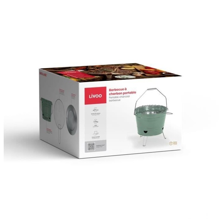 Barbecue a charbon portable - LIVOO - DOC327V - ø27 cm - Grille en acier chromé - Hauteur 24 cm - Pieds pliables - Poignées
