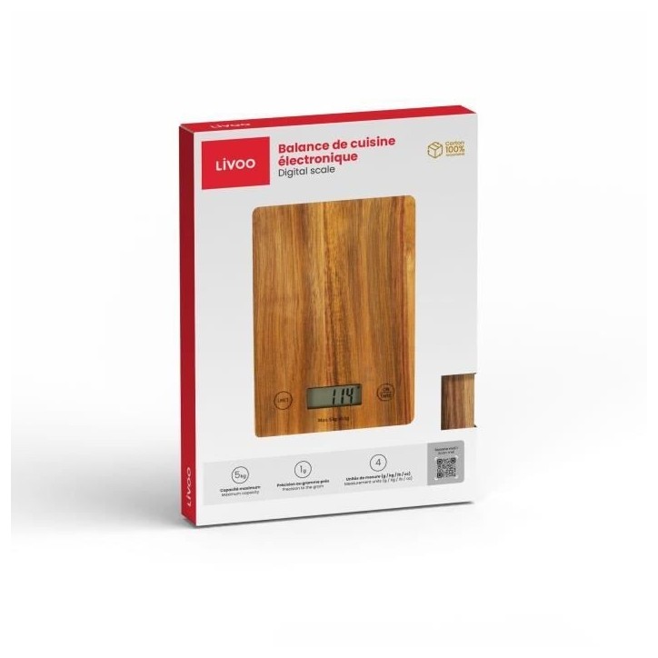 Balance de cuisine électronique - LIVOO - DOM492 - Plateau acacia - Max. 5 kg - 4 unités de mesure - Ecran LCD Balance de cuisine électronique - LIVOO - DOM492 - Plateau acacia - Max. 5 kg - 4 unités de mesure - Ecran LCD