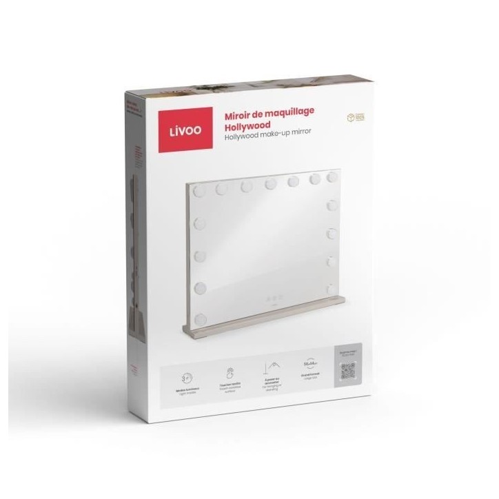 Miroir de maquillage Hollywood - LIVOO - DOS207 - 56 x 44 cm - 15 LEDs - 3 modes lumineux - Blanc Miroir de maquillage Hollywood - LIVOO - DOS207 - 56 x 44 cm - 15 LEDs - 3 modes lumineux - Blanc