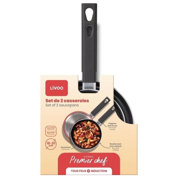 Set de 2 casseroles - LIVOO - MEP154R - Antiadhésif sans PFOA - Manche silicone - Tous feux Set de 2 casseroles - LIVOO - MEP154R - Antiadhésif sans PFOA - Manche silicone - Tous feux