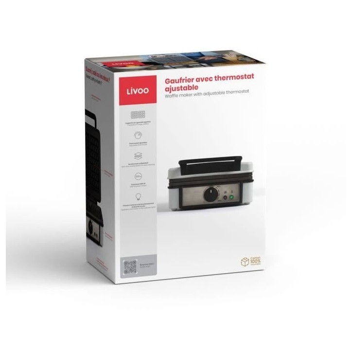 Gaufrier avec thermostat ajustable - LIVOO - DOP206 - 1200W - 2 gaufres - Antiadhésif - Surface 14,5 x 17,5 cm - Témoins lumin Gaufrier avec thermostat ajustable - LIVOO - DOP206 - 1200W - 2 gaufres - Antiadhésif - Surface 14,5 x 17,5 cm - Témoins lumin