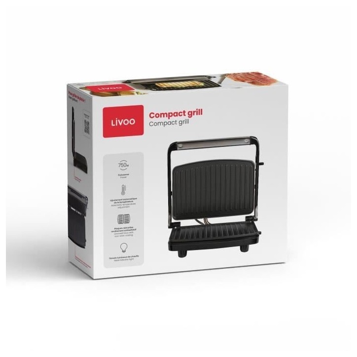 Compact grill - LIVOO - DOC232G - 750W - 2 plaques - Antiadhésif - Surface de cuisson de 23 x 15 cm - Témoins lumineux Compact grill - LIVOO - DOC232G - 750W - 2 plaques - Antiadhésif - Surface de cuisson de 23 x 15 cm - Témoins lumineux