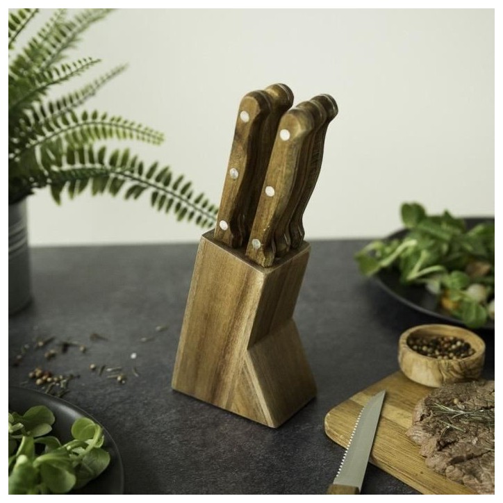 Set de 6 couteaux a steak avec support - LIVOO - MEC133 - 11 cm - Acier inoxydable - Epaisseur 1,2 mm - En bois d'acacia - 3 riv Set de 6 couteaux a steak avec support - LIVOO - MEC133 - 11 cm - Acier inoxydable - Epaisseur 1,2 mm - En bois d'acacia - 3 riv