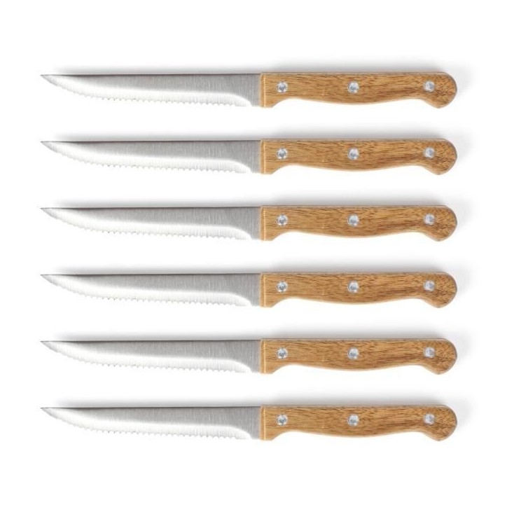 Set de 6 couteaux a steak avec support - LIVOO - MEC133 - 11 cm - Acier inoxydable - Epaisseur 1,2 mm - En bois d'acacia - 3 riv Set de 6 couteaux a steak avec support - LIVOO - MEC133 - 11 cm - Acier inoxydable - Epaisseur 1,2 mm - En bois d'acacia - 3 riv