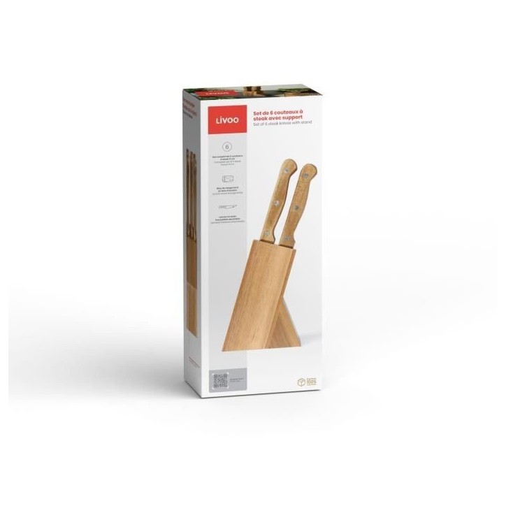 Set de 6 couteaux a steak avec support - LIVOO - MEC133 - 11 cm - Acier inoxydable - Epaisseur 1,2 mm - En bois d'acacia - 3 riv Set de 6 couteaux a steak avec support - LIVOO - MEC133 - 11 cm - Acier inoxydable - Epaisseur 1,2 mm - En bois d'acacia - 3 riv