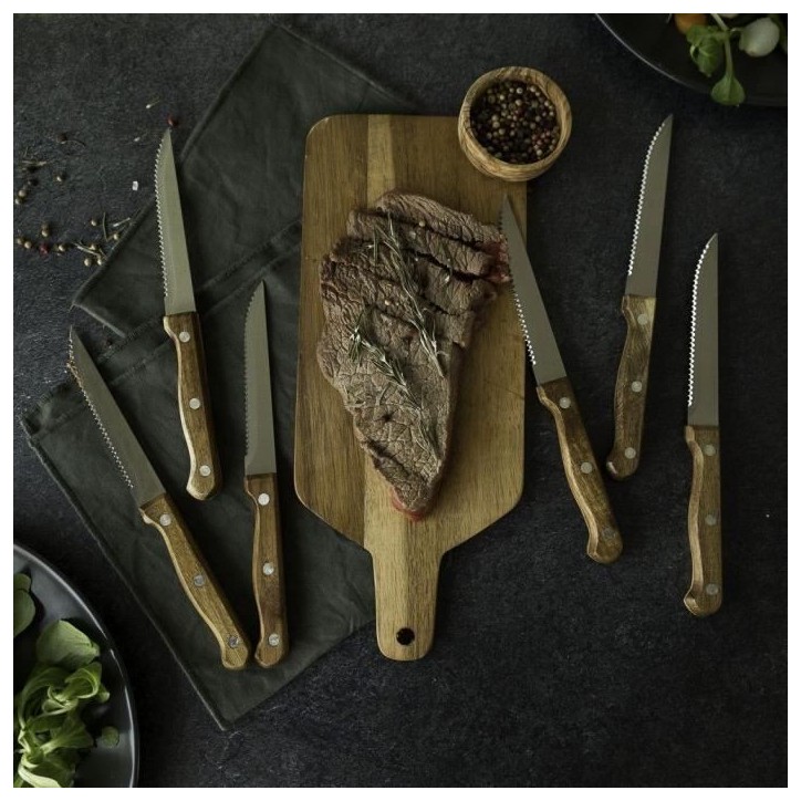 Set de 6 couteaux a steak avec support - LIVOO - MEC133 - 11 cm - Acier inoxydable - Epaisseur 1,2 mm - En bois d'acacia - 3 riv Set de 6 couteaux a steak avec support - LIVOO - MEC133 - 11 cm - Acier inoxydable - Epaisseur 1,2 mm - En bois d'acacia - 3 riv